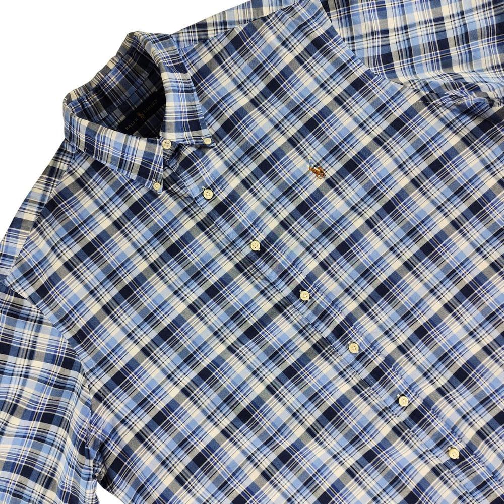 Polo Ralph Lauren Shirt Mens XL Blue Plaid Short Sleeve Cotton Button Down